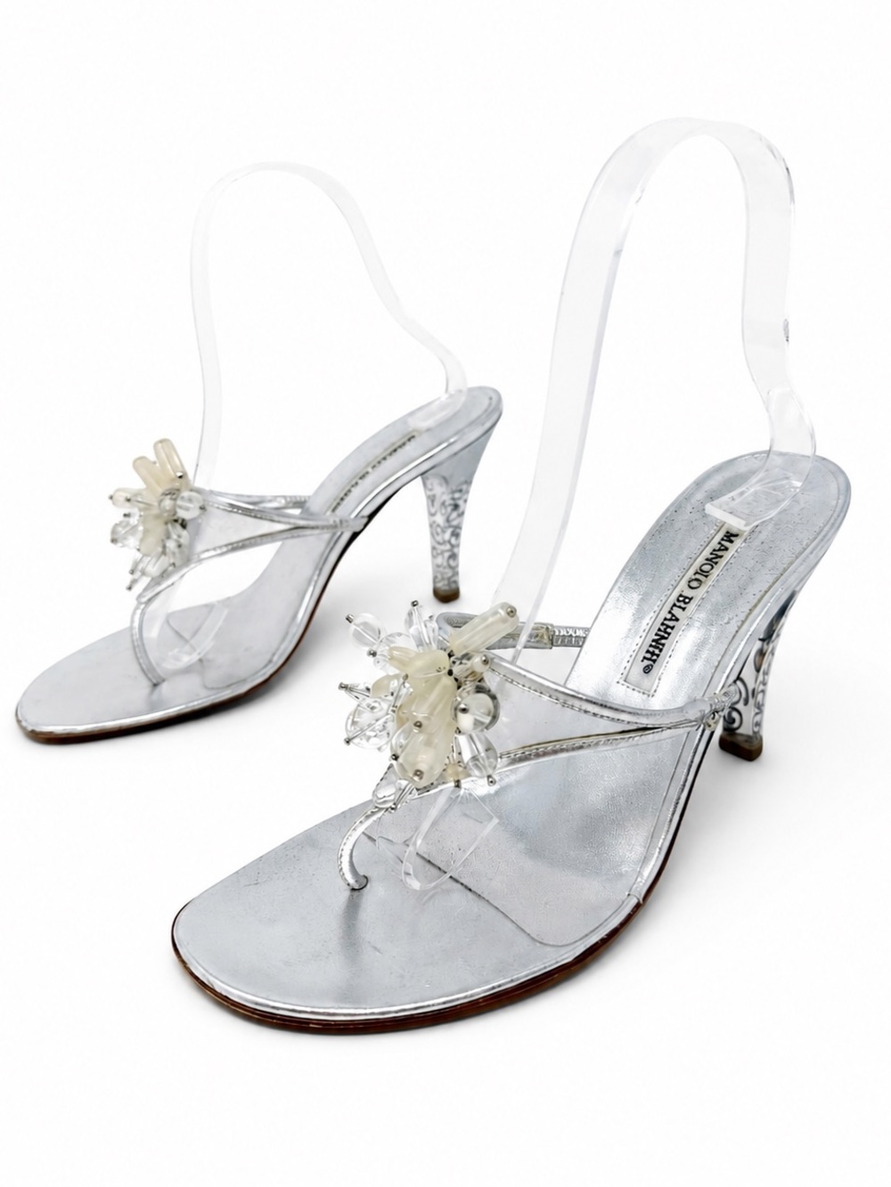 Manolo Blahnik Beaded Silver Swirl Heel Sandals Womens Size EU 37.5